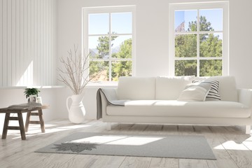 Idea of white room with sofa and summer landscape in window. Scandinavian interior design. 3D illustration