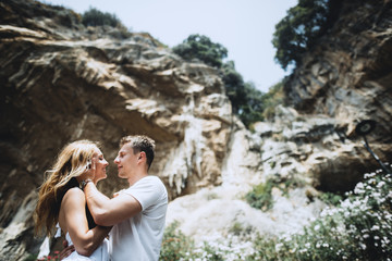 Spouses are walking the streets of Italy. Honeymoon. Love story.