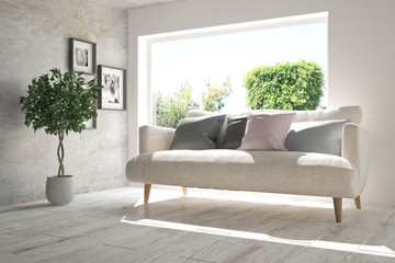 Idea of white room with sofa and summer landscape in window. Scandinavian interior design. 3D illustration