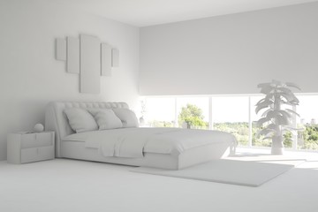Inspiration of white minimalist  bedroom with summer landscape in window. Scandinavian interior design. 3D illustration