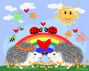 Two lovers cute cartoon hedgehogs, a boy and a girl near a seven-colored rainbow and ladybugs on a spring, summer day