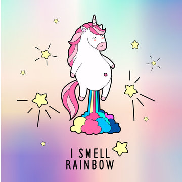 Magic farting unicorn illustration. Holographic back gift card. Vector illustration.