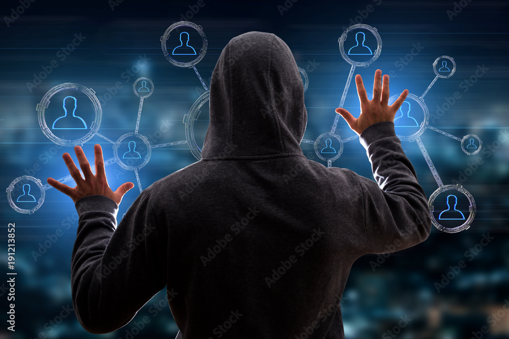 Poster Hacker man in the dark using computer to hack data and information system