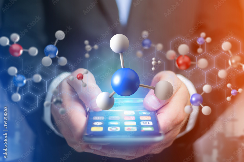 Poster 3d rendering molecule on a displayed on a medical interface