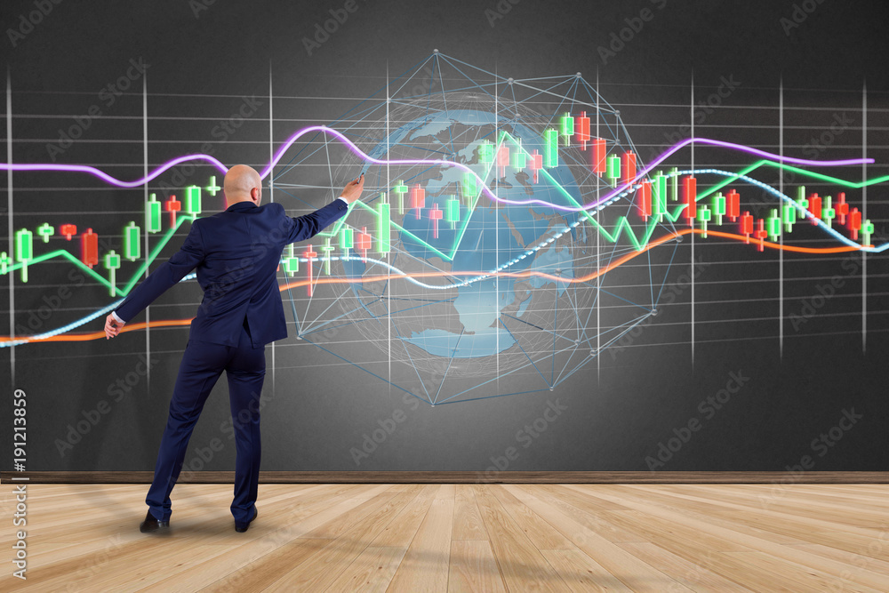 Poster businessman in front of a wall with a 3d render stock exchange trading data information display on a