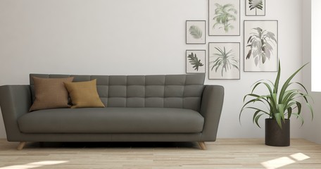 Idea of white minimalist room with sofa. Scandinavian interior design. 3D illustration