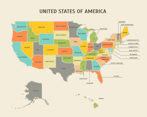 Fototapeta premium Cartoon Colorful USA Map Card Poster. Vector