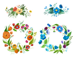Hand drawn watercolor floral elements with blue and orange flowers