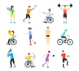 Cartoon Disabled Sports Characters Icon Set. Vector