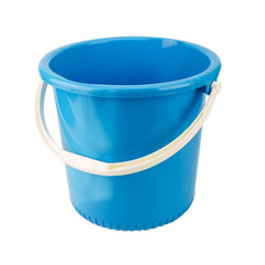 Blue plastic bucket with white handle isolated on white background, Home appliances.