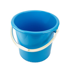 Blue plastic bucket with white handle isolated on white background, Home appliances.