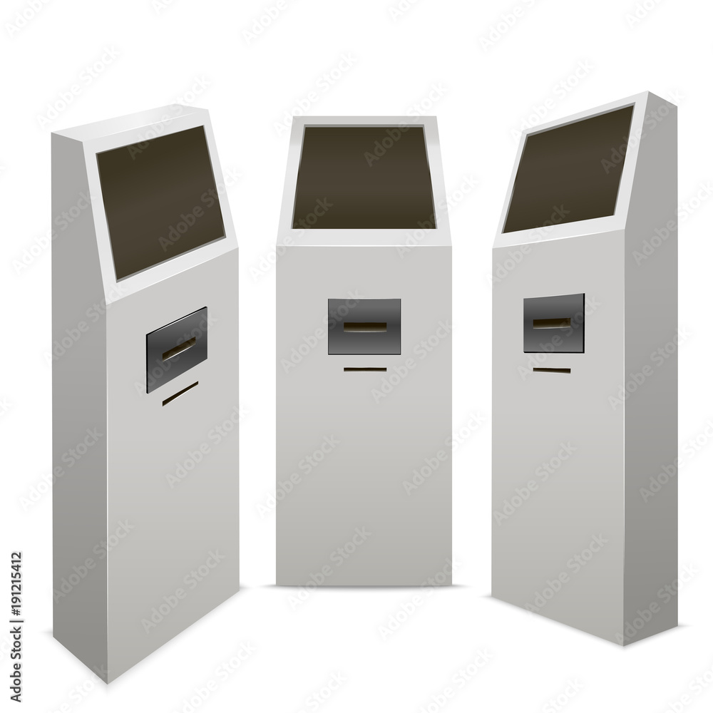 Poster template blank white payment terminal mock up set isometric view. vector