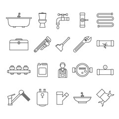 Plumbing Equipments and Tools Black Thin Line Icon Set. Vector