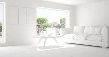 White room with sofa. Scandinavian interior design. 3D illustration