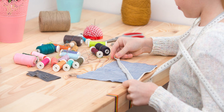 Girl Sews Doll Clothes, Child Sewing 