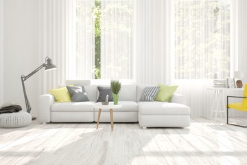 Idea of white room with sofa and summer landscape in window. Scandinavian interior design. 3D illustration