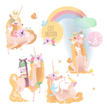 Cute, beautiful unicorn set, collection. Princess girl unicorn with crown, floral bouquet, flowers wreath, balloon, tied bows, hummingbird, macaroons and butterfly