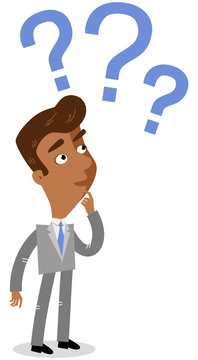 Vector illustration of a clueless asian cartoon businessman looking at three blue question marks next to his head.