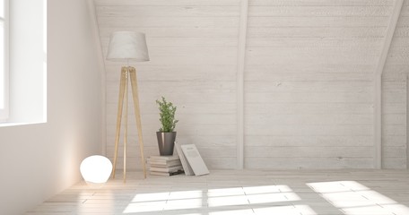 Fototapeta na wymiar White empty room with lamp. Scandinavian interior design. 3D illustration