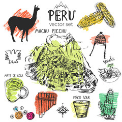 Set of hand drawn symbols of Peru. - obrazy, fototapety, plakaty