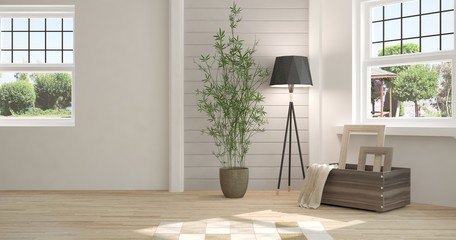 White empty room with summer landscape in window. Scandinavian interior design. 3D illustration