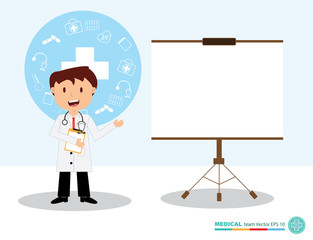 The  professional medical team for health life concept with logo, little doctor boy, girl in gown suit and cartoon act  - vector illustration Eps 10.