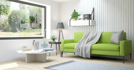 Idea of white room with sofa and summer landscape in window. Scandinavian interior design. 3D illustration