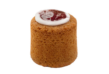 Runeberg tart cake torte isolated on white background. Finnish pastry made of almonds, rum, raspberry jam and sugar icing. Traditional Finnish dessert on February 05
