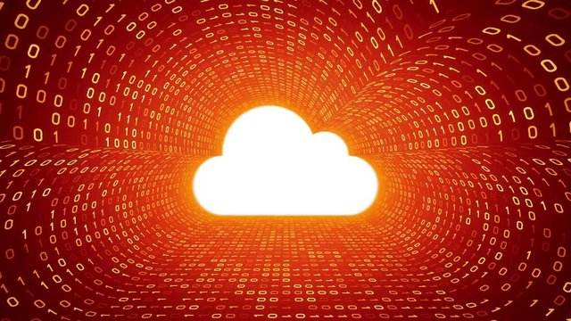 White cloud icon form yellow binary tunnel on orange background. Cloud technology concept. Seamless loop. More icons and color options available in my portfolio.