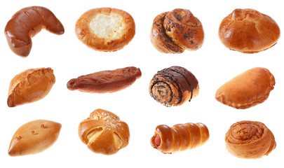 Different baked cakes isolated on white background