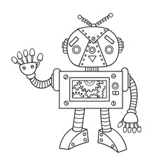 Hand drawn cute robot for design element and coloring book page for both kids and adults. Vector illustration
