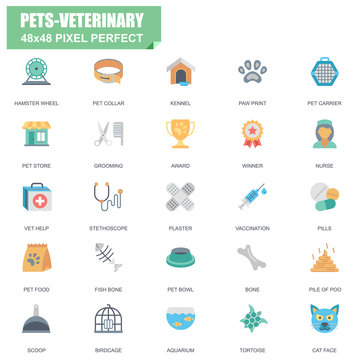 Simple Set of Pets and Veterinary Related Vector Flat Icons. Contains such Icons as Hamster Wheel, Pet Food, Cat Face, Birdcage, Aquarium and more. Editable Stroke. 48x48 Pixel Perfect.