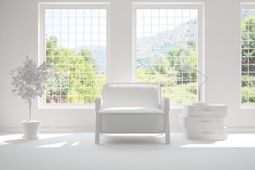 Idea of white room with armchair and summer landscape in window. Scandinavian interior design. 3D illustration