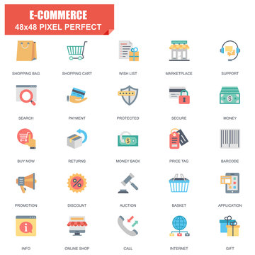 Simple Set of E-commerce Related Vector Flat Icons. Contains such Icons as Shop, Delivery, Shopping bag, Sale, Wallet, Online Support, Price Tag and more. Editable Stroke. 48x48 Pixel Perfect.