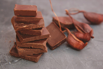 Chocolates isolated onGray Background. Chocolate. Fine Pieces of Chocolates with milk chocolate. Variety of Praline Chocolate sweets. horizontal image.