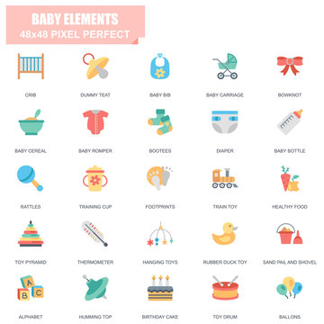 Simple Set of Baby Elements Related Vector Flat Icons. Contains such Icons as Crib, Dummy Teat, Diaper, Rattles, Rubber Duck Toy, Footprints and more. Editable Stroke. 48x48 Pixel Perfect.