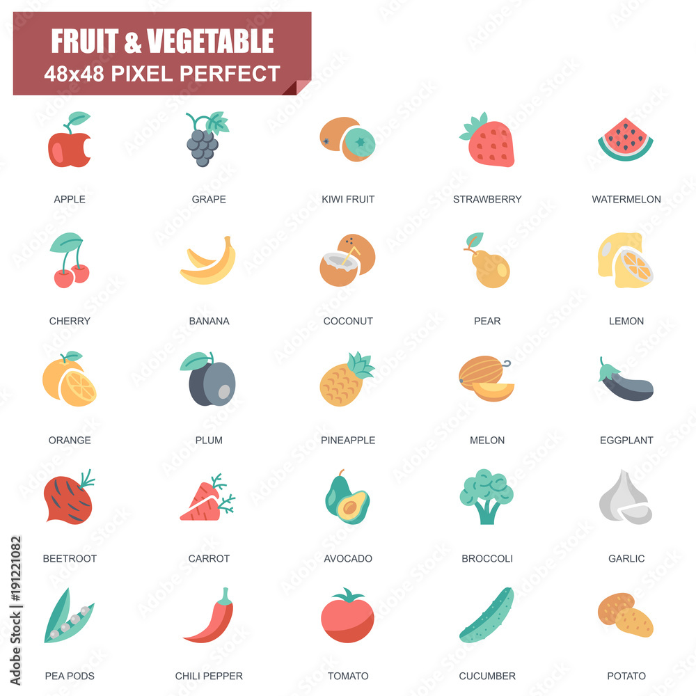Poster simple set of fruit and vegetable related vector flat icons. contains such icons as apple, banana, c