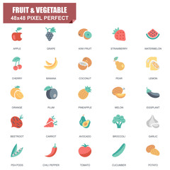 Simple Set of Fruit and Vegetable Related Vector Flat Icons. Contains such Icons as Apple, Banana, Coconut, Cherry,Watermelon, Beetroot, Potato and more. Editable Stroke. 48x48 Pixel Perfect.