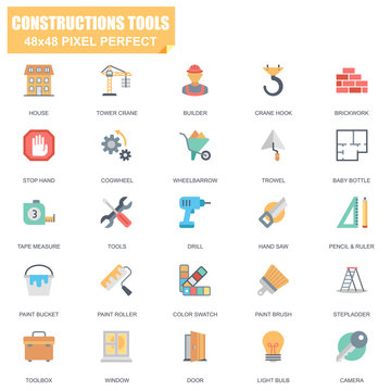 Simple Set of Construction Tools Related Vector Flat Icons. Contains such Icons as Tower Crane, Builder, Brickwork, Drill, Hand Saw, Stepladder and more. Editable Stroke. 48x48 Pixel Perfect.
