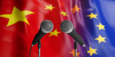 EU and China relations. Two cable microphones in front. Flags for background. 3d illustration