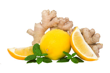 
Fresh mint ginger and lemon isolated on a white background 