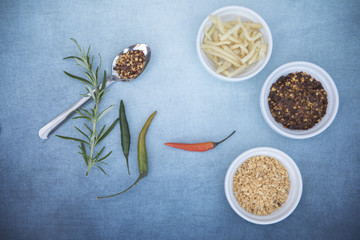 Spice cooking ingredients including ginger, chilli and garlic 