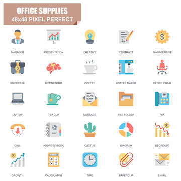 Simple Set of Office Supplies Related Vector Flat Icons. Contains such Icons as Manager, Briefcase, Brainstorm, Diagram, Chair, Laptop, Address Book and more. Editable Stroke. 48x48 Pixel Perfect.