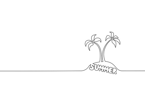 Single continuous line art coconut tree palm. Tropic paradise island landscape summer lettering design one sketch outline drawing vector illustration