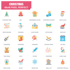 Obraz premium Simple Set of Christmas Related Vector Flat Icons. Contains such Icons as Tree, Bell, Santa Claus, Snow Globe, Ball, Snowflake, Fireworks and more. Editable Stroke. 48x48 Pixel Perfect.