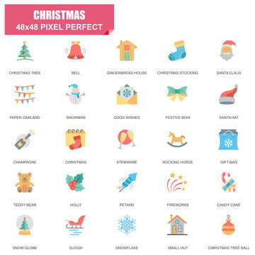 Simple Set of Christmas Related Vector Flat Icons. Contains such Icons as Tree, Bell, Santa Claus, Snow Globe, Ball, Snowflake, Fireworks and more. Editable Stroke. 48x48 Pixel Perfect.