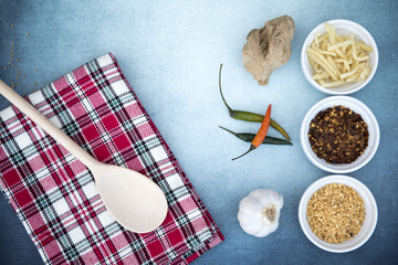 Spice cooking ingredients including ginger, chilli and garlic 