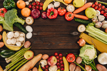 top view of vegetables and fruits on wooden table