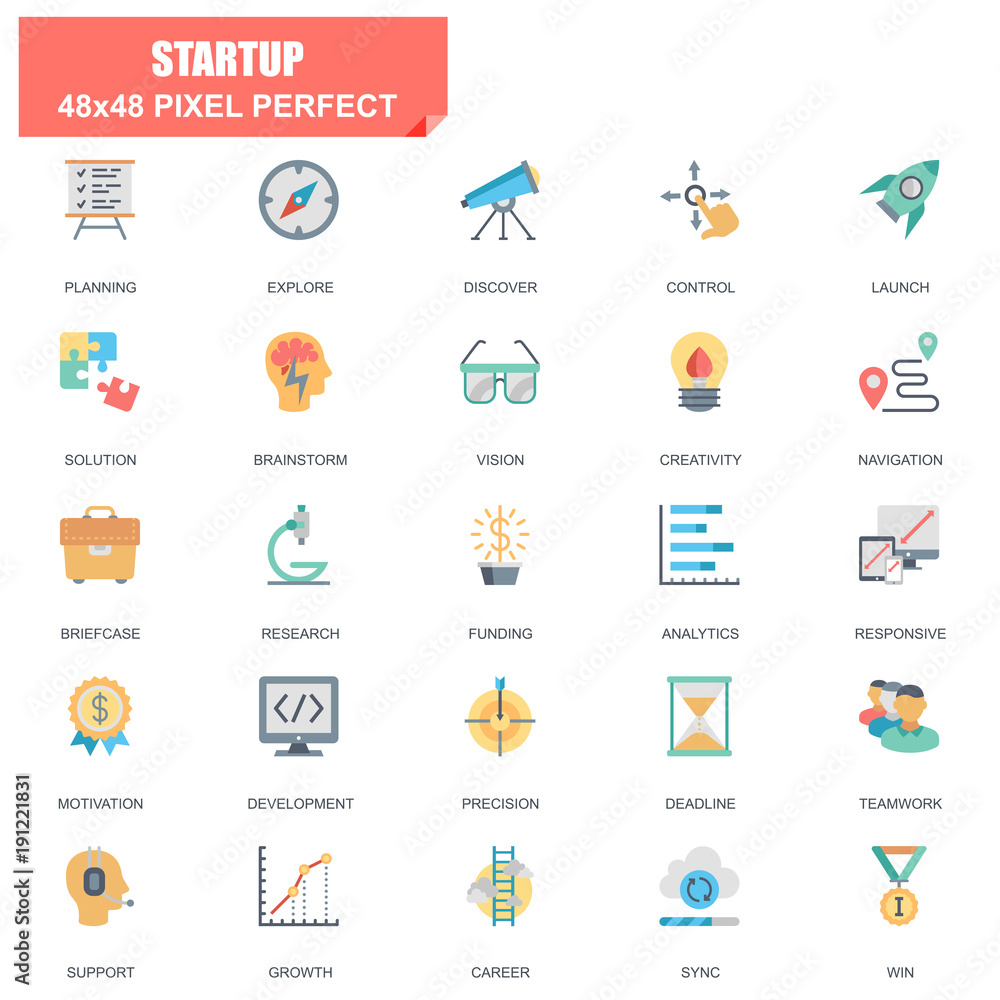 Poster Simple Set of Startup Related Vector Flat Icons. Contains such Icons as Planning, Navigation, Analytics, Funding, Teamwork, Research Market and more. Editable Stroke. 48x48 Pixel Perfect.