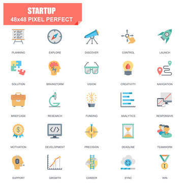 Simple Set of Startup Related Vector Flat Icons. Contains such Icons as Planning, Navigation, Analytics, Funding, Teamwork, Research Market and more. Editable Stroke. 48x48 Pixel Perfect.